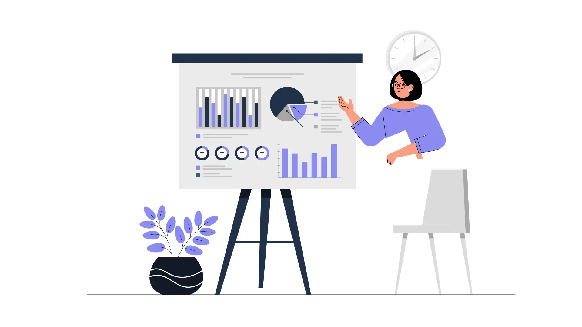 Stylized Flat 2D Illustration of a Businesswoman Presenting Data Insights